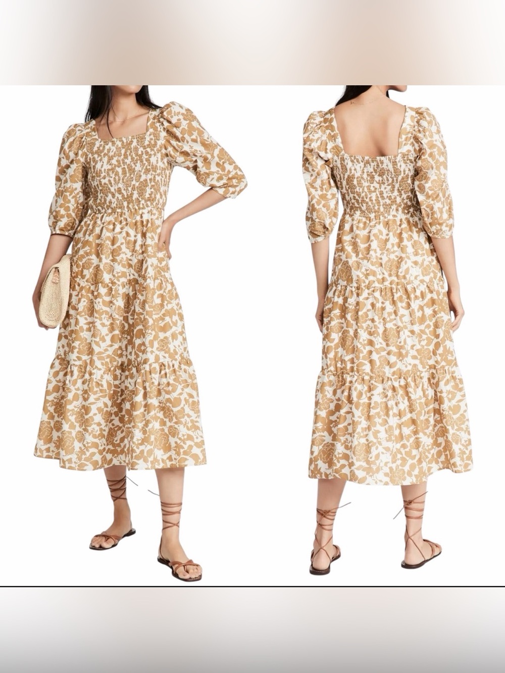 Moon River Smocked Poplin Dress Tiered Skirt Neutral Puff Sleeve Cotton Midi XS
